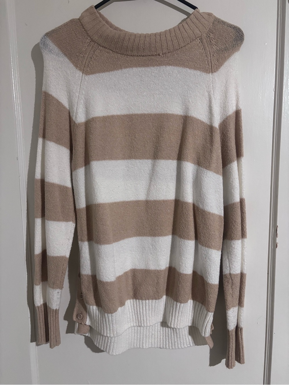 Time and Tru Beige and White Striped Crewneck Sweater
